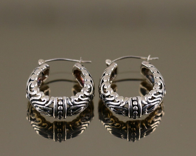 Vintage Espo Joseph Esposito Sig Round Circle Beads Beaded Cut Flower Scroll Design Hoop Earrings Sterling 925 ER 980