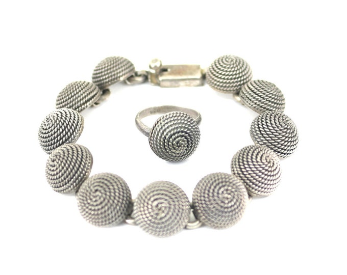 Vintage Mexico Rope Twist Dome Chain Bracelet Ring Set 925 Sterling Silver BR 3976