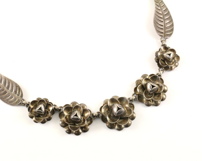 Vintage 17 Inch Rose Flower Leaf Dangle Design Chain Necklace 925 Sterling NC 228