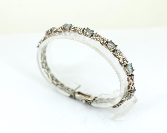 Vintage Faceted Oval Aquamarine & White CZ Crystals Link Bracelet Sterling Silver BR 1460