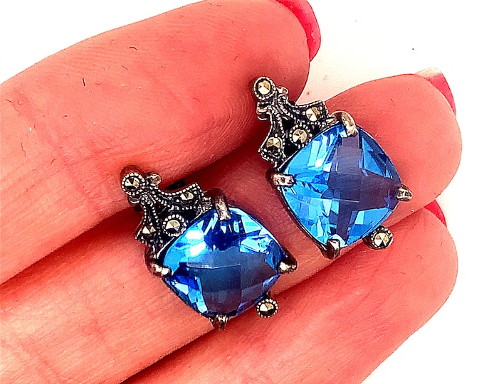 Vintage Earrings| Sky  Blue Chrystal Design Earrings | Marcasite Stone Design Earrings | Sterling 925 Silver Earrings | ER 1616A