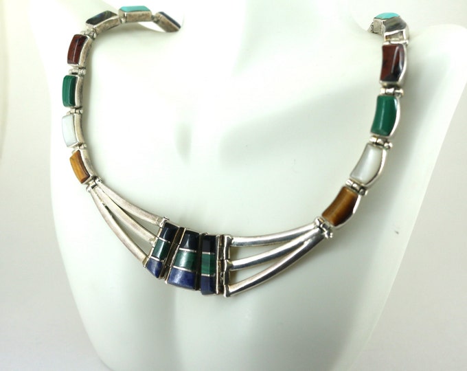 Vintage Mexico Multi Color Multi Stone Necklace 925 Sterling Silver NC 2078