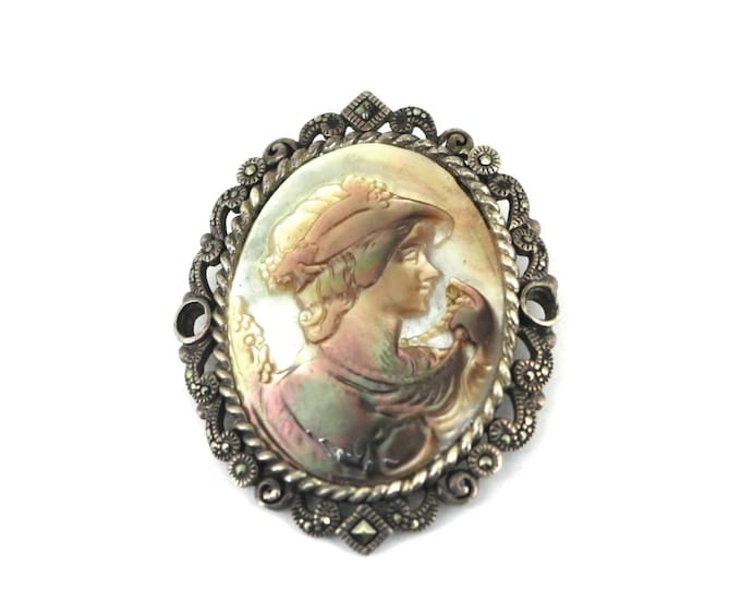 Vintage Abalone Shell Cameo  Marcasite Framed Brooch Pin Sterling Silver 925 BB 018