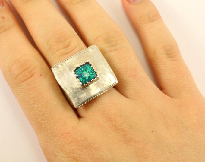 Vintage Size 8 Large Square Blue Opal Design Ring 925 Sterling Silver Rg 787