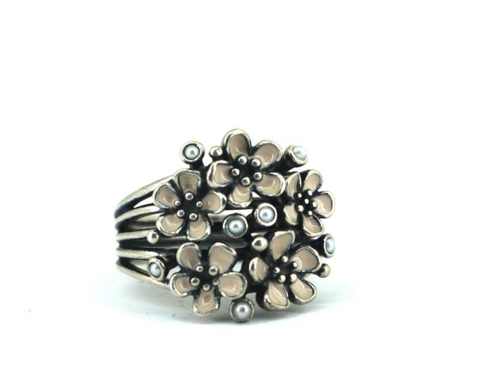 Vintage Size 6.75 US White Flowers Bouquet Statement Design Ring  925 Sterling  RG 2409