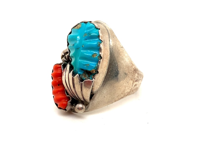 Vintage Size 12  Navajo Blue Turquoise Red Coral Stone Design 925 Sterling Silver Ring RG 1078N