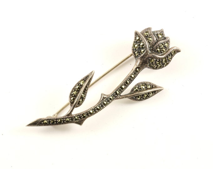 Vintage Judith Jack Rose Flower Floral Design Elegant Marcasite Pin/Brooch 925 Sterling BB 953