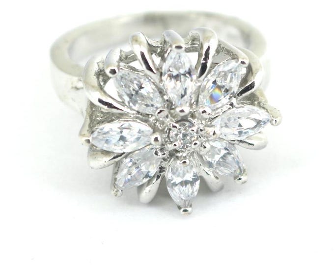 Vintage Sparkling Crystal CZ Flower Floral Design Statement Ring Sterling Silver 925 RG 4532