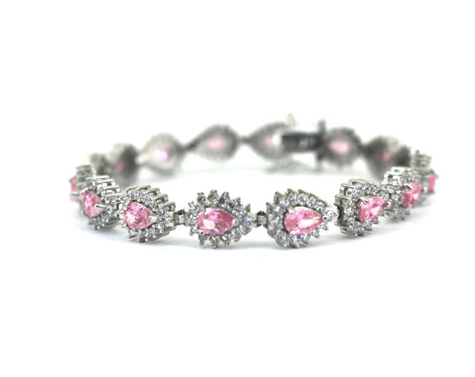 Vintage Pink & White Crystals CZ  Design Link Tennis Bracelet 925 Sterling BR 058