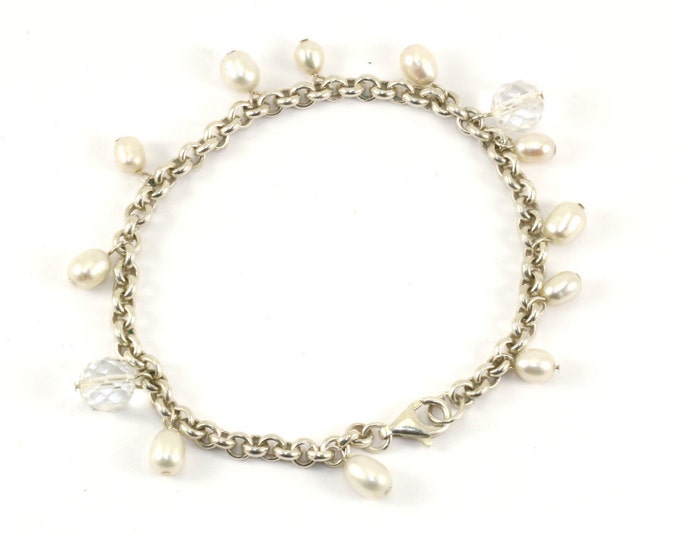Vintage Rolo Chain Mother Of Pearl Crystal Bracelet  925 Sterling BR 1657