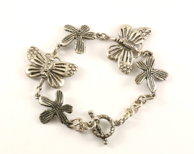 Vintage Beautiful Flower Floral Butterfly Design Link Toggle Bracelet 925 Sterling BR 1215