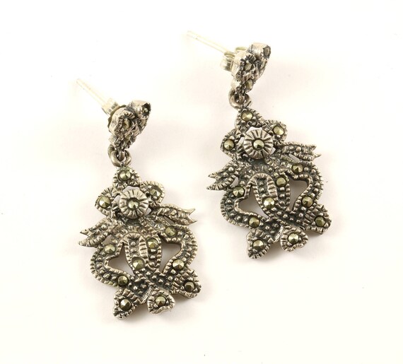 Vintage Scroll Marcasite Stones Design Stud Earri… - image 1