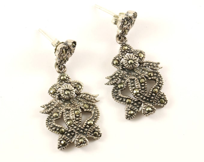 Vintage Scroll Marcasite Stones Design Stud Earrings Sterling Silver ER 503