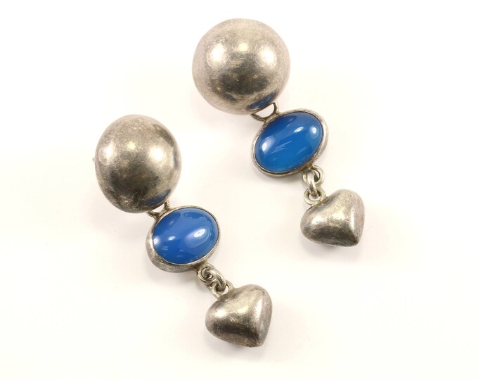 Vintage Beaded Design Blue Stone Drop Dangle Earrings 925 Sterling ER 444