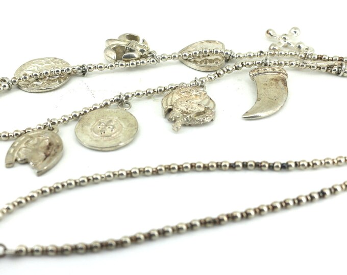 Vintage Heavy Multi Charm Design Necklace 925 Sterling Nc 1484