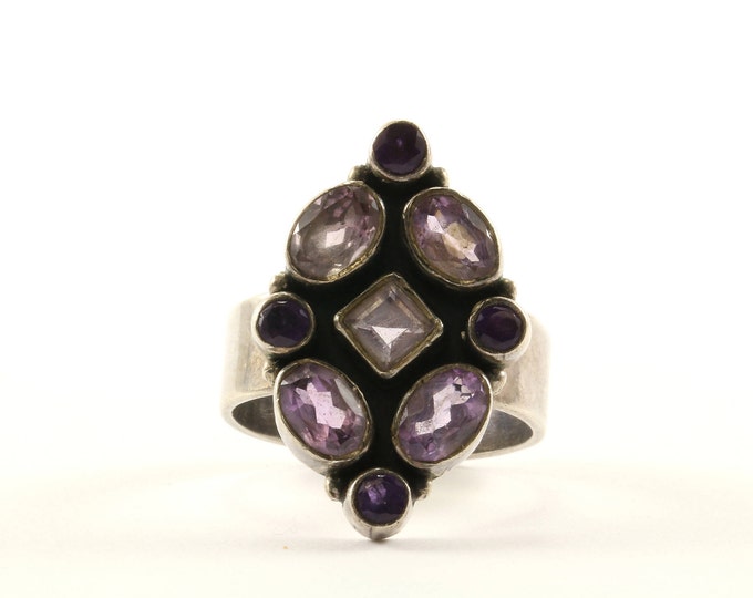 Vintage Size 7 Rhombus Design Amethyst Ring 925 Sterling RG 1739-E