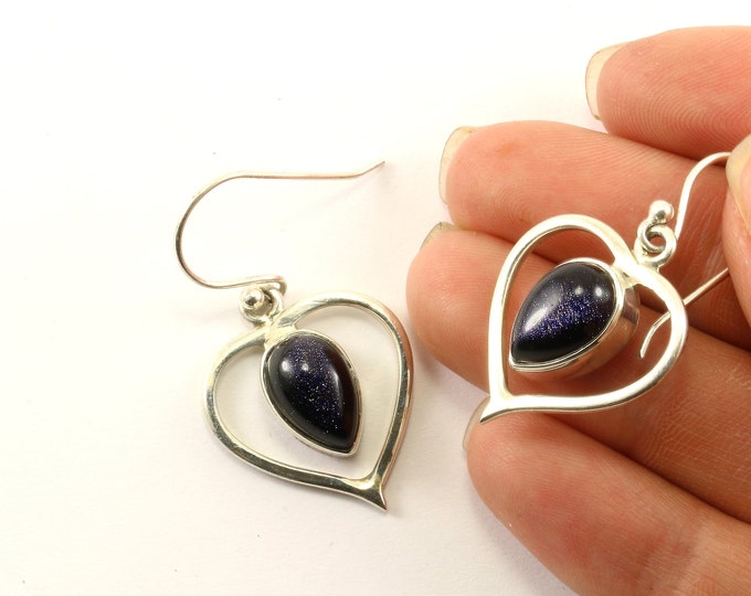 Vintage Beautiful Goldstone Heart Design Drop/Dangle Earrings Sterling Silver ER 1252