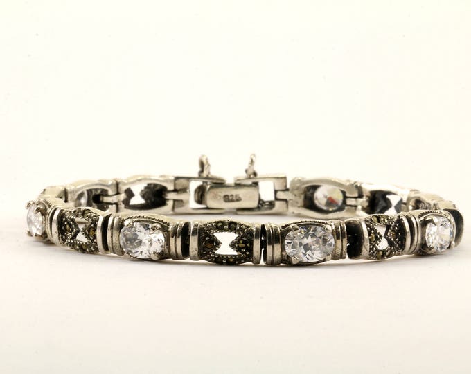 Vintage CZ Inlay Design Marcasite Link Bracelet 925 Sterling BR 2638
