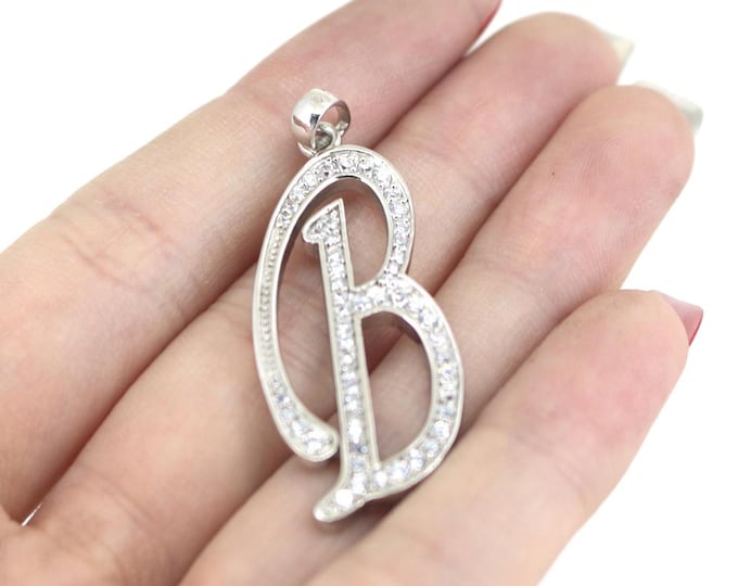 Vintage B Initial Letter Inlaid CZ Design Pendant 925 Sterling PD 1427
