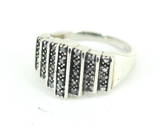Vintage Size 7 Natural Diamond Inlay Rectangle Ring 925 Sterling Silver RG 4578