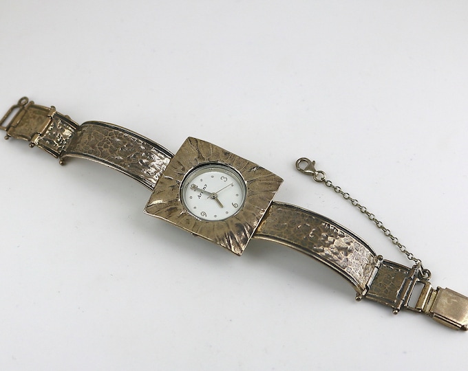 Vintage Artiny Japan Movement Water Resistant Israel Style Hammered Watch 925 Sterling Silver OT 270