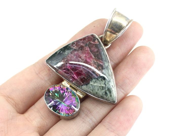 Vintage Large Eudialyte &CZ Stone Quartz Design Pendant 925 Sterling Silver PD 1580
