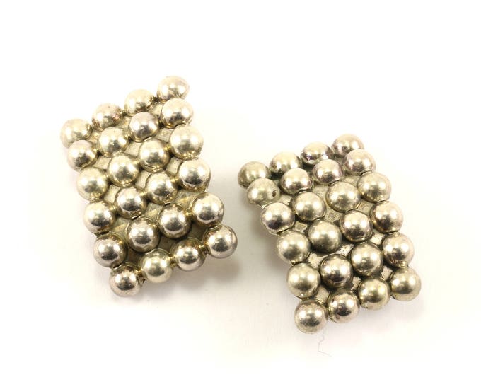 Vintage Large Rectangle Beaded Design Clip On Earrings 925 Sterling Silver ER 1039