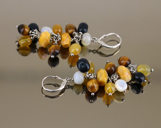 Vintage Shiny Multi Color Tigers Eye Pearl Agate Round Beads Beaded Geometry Design Lever Back Earrings Sterling Silver 925 ER 47