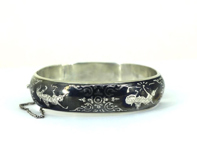 Vintage Thailand Siam Navy Blue Enamel Bangle Bracelet 925 Sterling BR 197