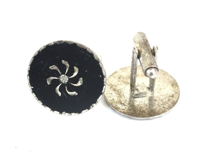 Vintage Black Enamel Round Gold Plated Design Men Cufflinks 925 Sterling OT 461
