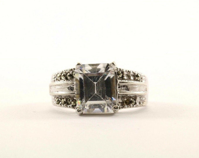 Vintage Size 7 Emerald Cut Crystal Cz Engagement Ring 925 Sterling Rg 3147(123757210689)