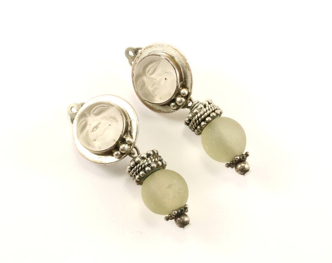 Vintage Face Design Glass Clip On Earrings 925 Sterling ER 498