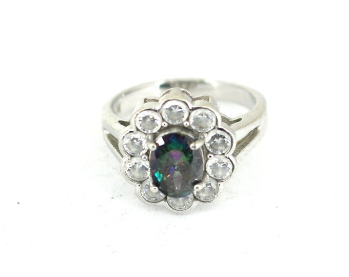 Vintage Size 6.25 Oval Green Montana & White CZ Crystals Design Engagement Ring 925 Sterling Silver RG 3819