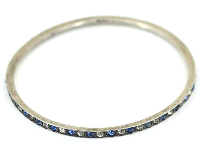 Vintage Sparkling Crystals Blue CZ Design Oval Bangle Bracelet 925 Sterling Silver BR 2619