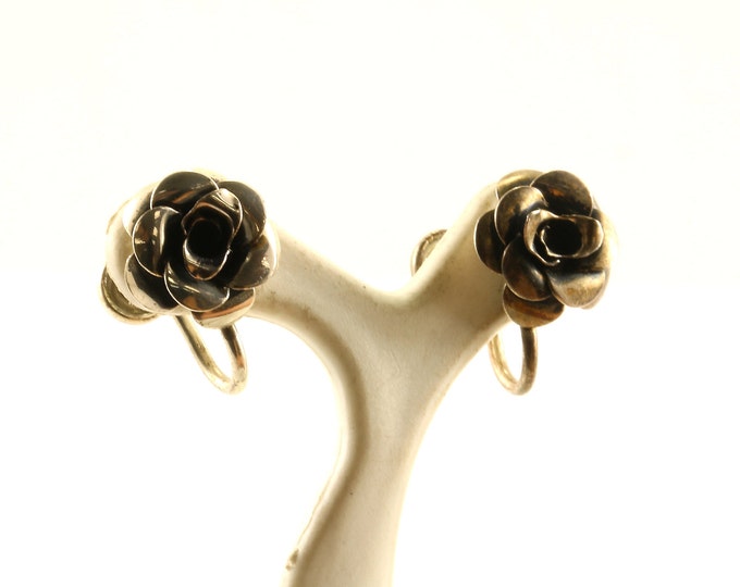 Vintage Rose Flower Design Screw Back Earrings 925 Sterling Silver ER 846