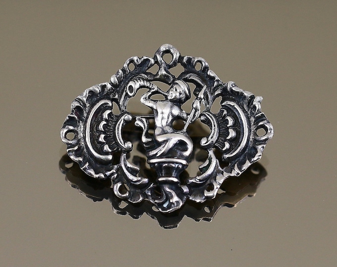 Vintage Antique Rare Oval Scroll Floral King God Of The Ocean Poseidon Mermaid Design Brooch Sterling Silver 925 BB 2228