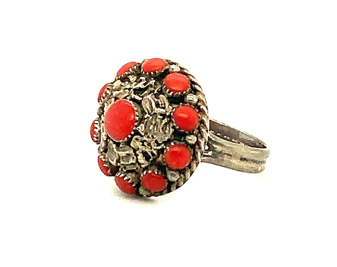 Vintage Size 6.5 Women's Zuni Coral Satellite Cluster Dome Sterling Silver Ring by D.W.  Rg 1013