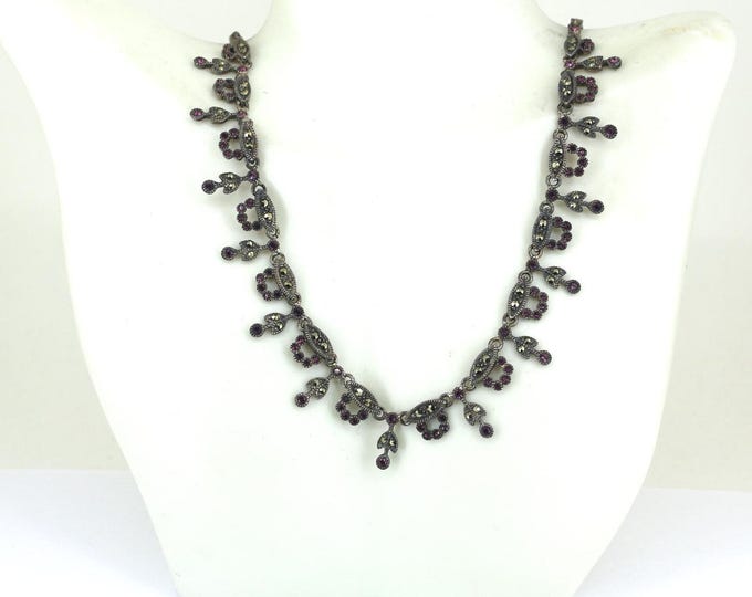 Vintage 17.5 Inch Flat Wavy Marcasite Necklace Pink Crystals 925 Sterling NC 1033