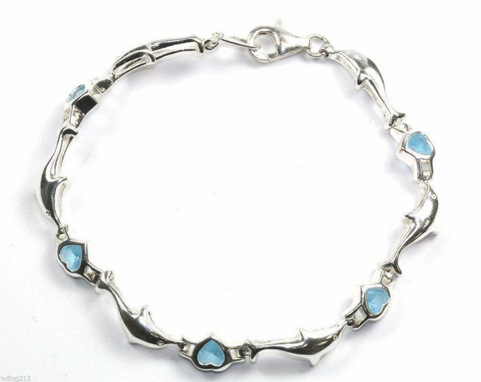 Vintage Dolphin Blue Heart Crystal Links Tennis Bracelet 925 Sterling Br 203(123759770724)