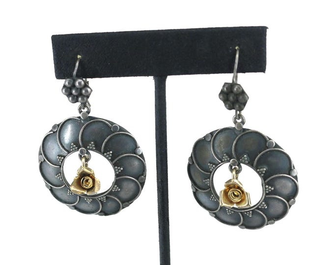 Vintage Large Round Extraordinary W/ 3D Flower Drop Dangle Earrings Sterling Silver 925 ER 1548