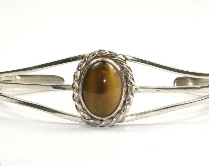 Vintage Oval Roped Tiger's Eye Accented Front Cuff Bracelet 925 Sterling Br 189(123720997131)