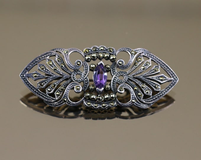 Vintage Shiny Scroll Art Deco Leaves Marcasite Stones Purple Amethyst Crystal Design Brooch Sterling Silver 925 BB 2280