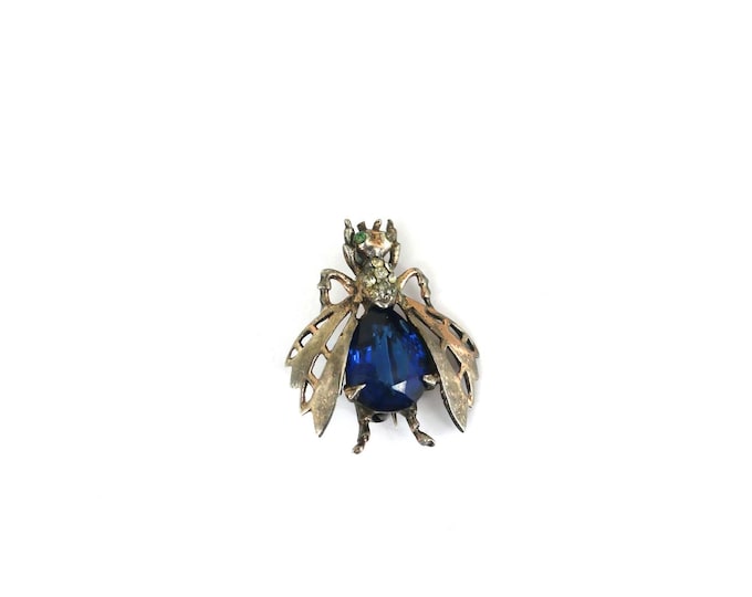 Vintage Reja Sterling Bug Fly w/ Big Blue Rhinestone Brooch Sterling Silver 925 BB 2332