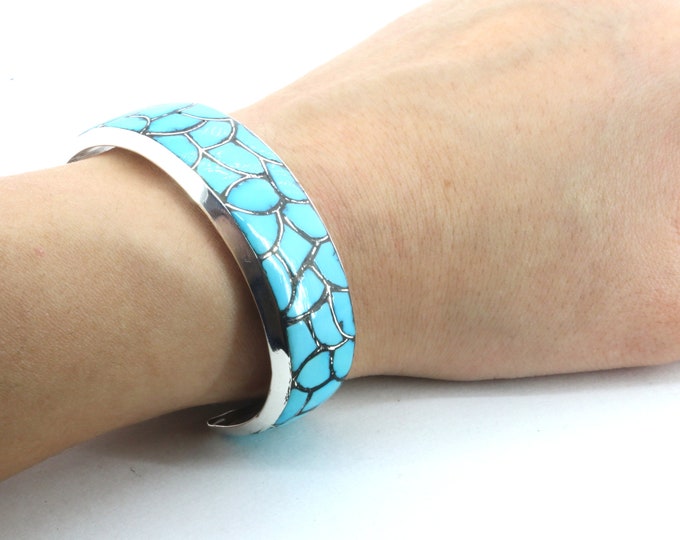 Vintage Native American Zuni Inlay Turquoise Cuff Bracelet  925 Silver BR 3726