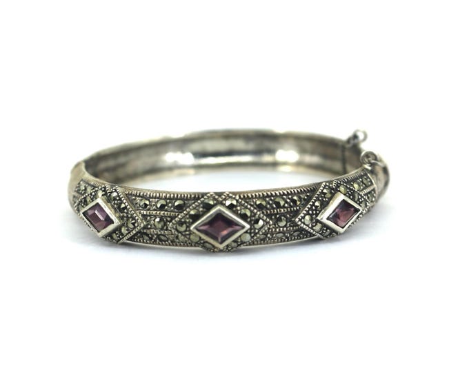 Vintage Violet CZ And Marcasite Stones Bangle Bracelet 925 Sterling BR 189
