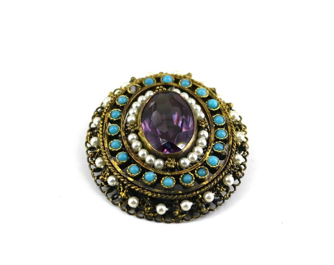 Vintage Multi Stone Beads Beaded Shiny Oval Shape Scroll Gold Tone Brooch Sterling Silver 925 BB 1490
