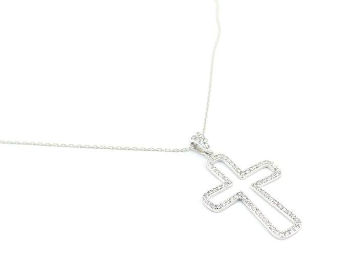 Vintage Shiny Cross Inlaid CZ Pendant Necklace 925 Sterling Silver NC 917
