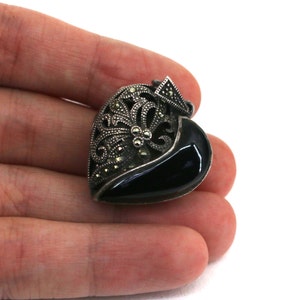 Vintage Heart Locket Onyx Secret Pendant 925 Sterling Silver PD 479