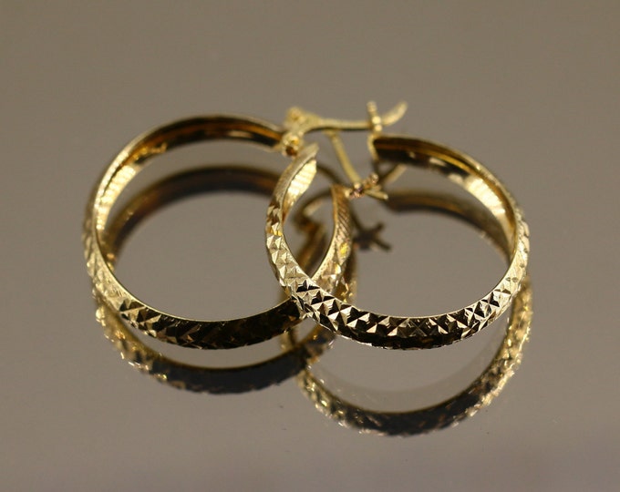 Vintage Shiny Light Gold Plated Hammered Round Circle Design Hoop Earrings Sterling 925 ER 366