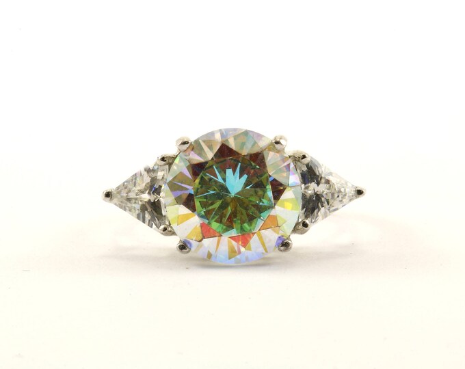 Vintage Size 8 Large Three Stone Crystal Ring 925 Sterling Silver RG 2463